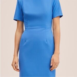 Mango Blue Tailored Sheath Dress | Short Sleeve Fitted Midi | Women’s Size 8